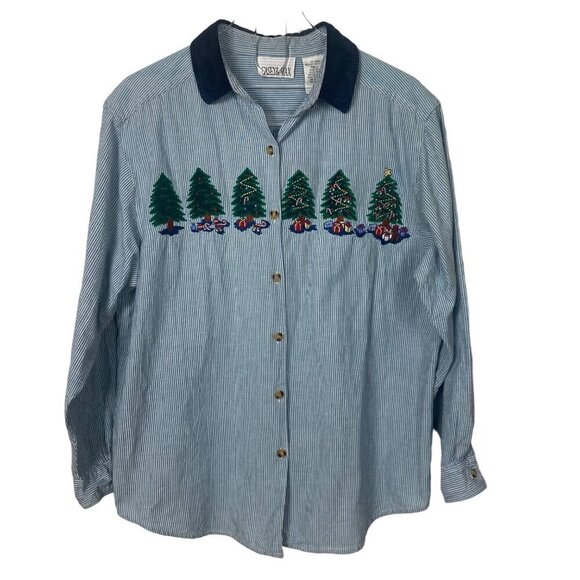 Casey & Max Christmas Shirt Blouse Womens Large Embroidered Christmas Trees VTG - Picture 1 of 10